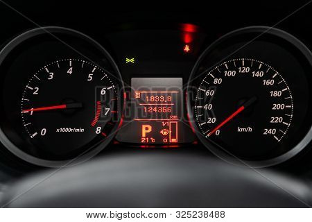 Novosibirsk, Russia - September 07, 2019:  Mitsubishi  Lanser, Close Up Instrument Automobile Panel 