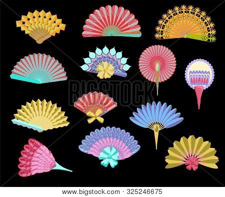Asian Fans. Colored Hand Fan Set Isolated On Black Background, Paper Folding Painting Vector Fans