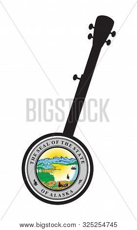 A Typical Five String Banjo In Silhouette On A White Background Woth The Icon From The State Seal Of