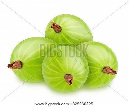 Group Of Ripe Sweet Gooseberries With Leaves Isolated On White Background.