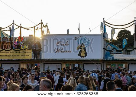 Munich, Germany, 2019 September 19: Aerial View Of Tourist And Locals In Front Of The Entrance Of Th