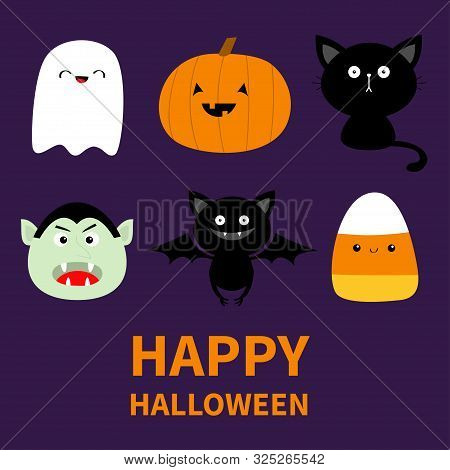 Happy Halloween. Candy Corn, Ghost Spirit, Pumpkin, Cat, Dracula, Bat With Face. Cute Cartoon Kawaii
