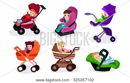 Set Of Six Vector Illustrations With Children Of Different Ages In Various Baby Carriages And Chair