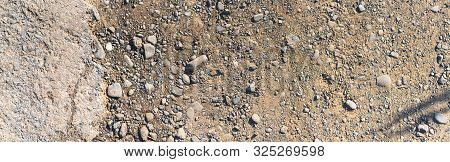 Destroyed Asphalt Cover On Road. Bad Road Condition That Needs Repair. Banner Size, Top View