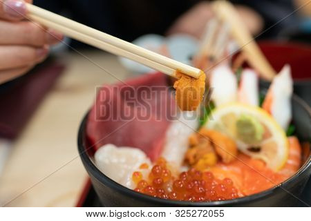 Kaisen Don (sashimi Seafood Rice Bowl) Served In A Black Bowl, Japanese Food.
