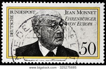 Luga, Russia - September 20, 2019: A Stamp Printed By Germany Shows French Political Economist And D