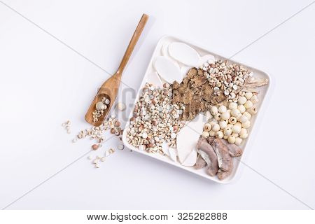 Ingredients Of Four Tonics Soup, Four Herb Flavor Soup. Taiwanese Traditional Food With Job's Tears,