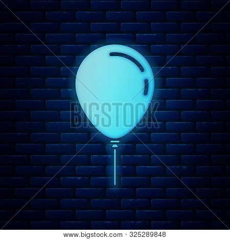 Glowing Neon Balloon With Ribbon Icon Isolated On Brick Wall Background. Vector Illustration