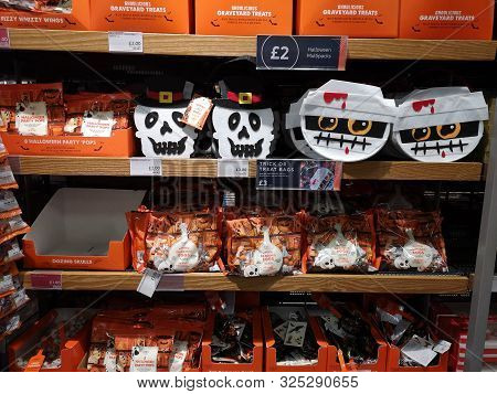 London, Uk - October 1 : Variuos Kinds Of Halloween Spooky Treats Sold On Shelf In Supermarket On Oc