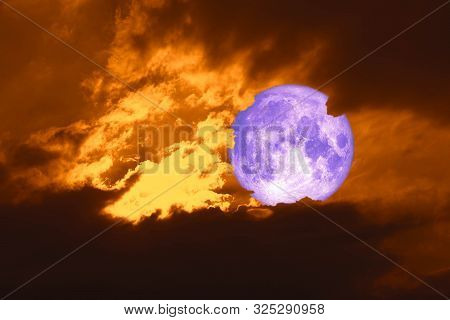 Full Harvest Purple Moon Back On Silhouette Cloud On Sunset Sky