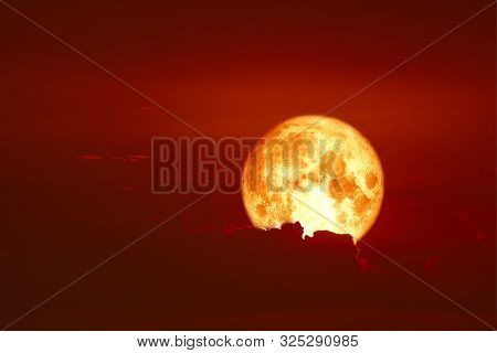 Harvest Blood Moon Back On Silhouette Red Orange Cloud And Night Sky