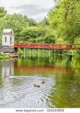 Suspension Bridge And Ducks On The Pond In A Park On A Summer Day. Park Of The Rastorguev-kharitonov