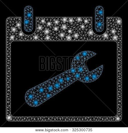 Bright Mesh Wrench Tool Calendar Day With Glare Effect. Abstract Illuminated Model Of Wrench Tool Ca