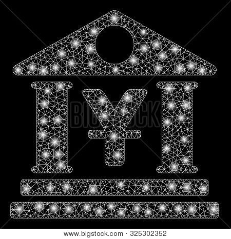 Glowing Mesh Yen Bank Building With Sparkle Effect. Abstract Illuminated Model Of Yen Bank Building 