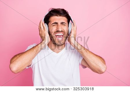 Portrait Of Funny Funky Positive Middle Astern Singer Man Have Rest Relax Use Headset Listen Favorit
