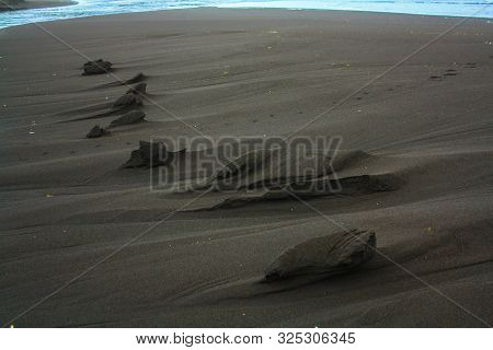 Pacific Ocean Beach With Dark Sand In Cloudy Weather