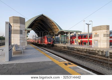 Tel Aviv-yafo, Israel, September 17, 2019 : A Train Arrives At Tel Aviv University Station On The Is