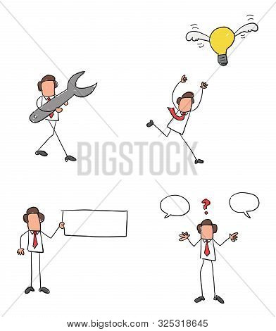 Quick Hand Drawing Businessman Set. Holding Spanner, Running After Flying Light Bulb, Holding Blank 