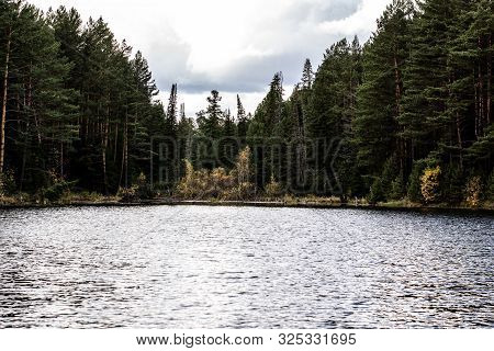 Beautiful Panoramic View Of Big Lake In The Middle Of The Forest.