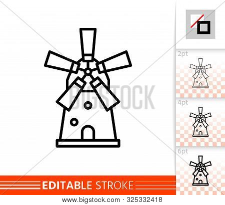 Windmill Single Line Icon. Farm Grain Flour Mill Flat Banner. Wind House Poster. Gristmill Linear Pi