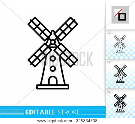 Windmill Single Line Icon. Farm Grain Flour Mill Flat Banner. Wind House Poster. Gristmill Linear Pi