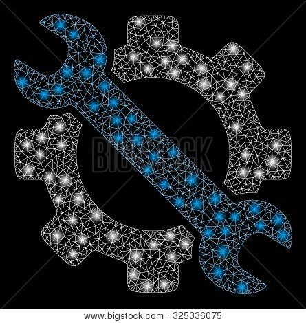 Flare Mesh Service Tools With Glare Effect. Abstract Illuminated Model Of Service Tools Icon. Shiny 