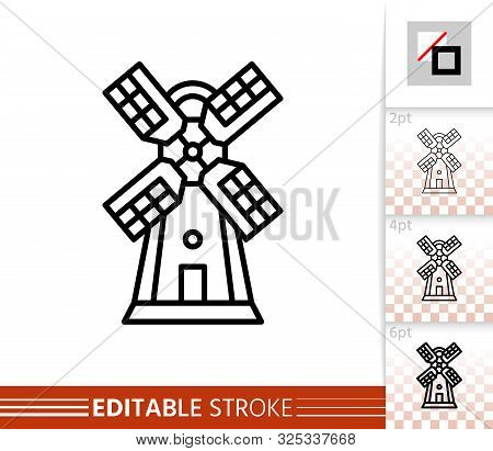 Windmill Single Line Icon. Farm Grain Flour Mill Flat Banner. Wind House Poster. Gristmill Linear Pi