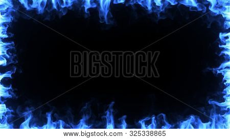 Blue Magic Fire Burns In Slow Motion. Fiery Frame Around The Screen On A Black Isolated Background. 