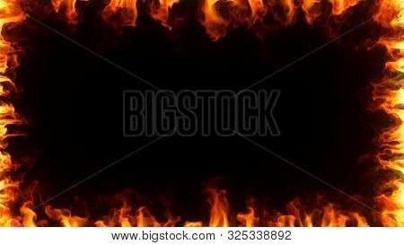 Fire Burning In Slow Motion. A Fiery Frame Surrounding The Screen On Black Isolated Background. 3d I