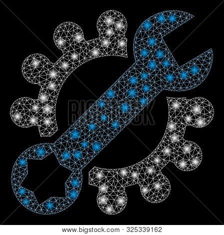 Glossy Mesh Service Tools With Sparkle Effect. Abstract Illuminated Model Of Service Tools Icon. Shi