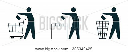 Stage Of Consumption - Buy, Use, Throw Out. Shopper, Customer With Cart Making Shopping In The Store