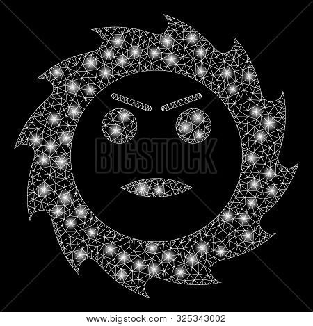 Bright Mesh Gear Angry Smiley With Glare Effect. Abstract Illuminated Model Of Gear Angry Smiley Ico