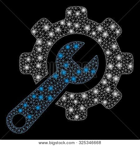 Glowing Mesh Tools With Sparkle Effect. Abstract Illuminated Model Of Tools Icon. Shiny Wire Frame T