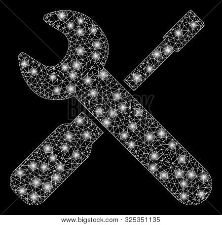 Glossy Mesh Wrench And Screwdriver Tools With Glare Effect. Abstract Illuminated Model Of Wrench And