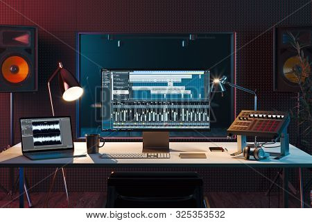 Studio Computer Music Station Set Up. Professional Audio Mixing Console. 3d Rendering.