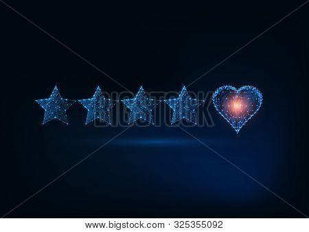 Best Quality Excellent Customer Service Concept. Futuristic Glowing Low Poly Five Stars And Heart