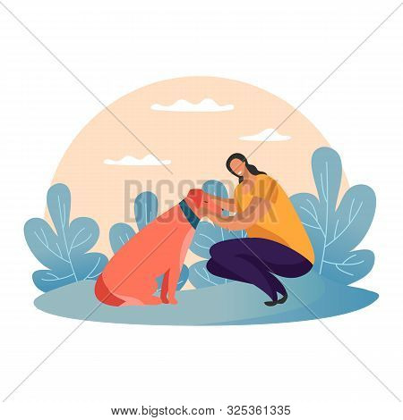 Cartoon Woman Walking With Dog At Park. Simple Girl With Puppy And Collar. Flat Female Strolling Or 