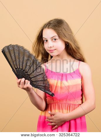 Summer Heat. Fresh Air. Kid Girl Fanning Herself With Fan. Cooling And Ventilation. Conditioning Sys