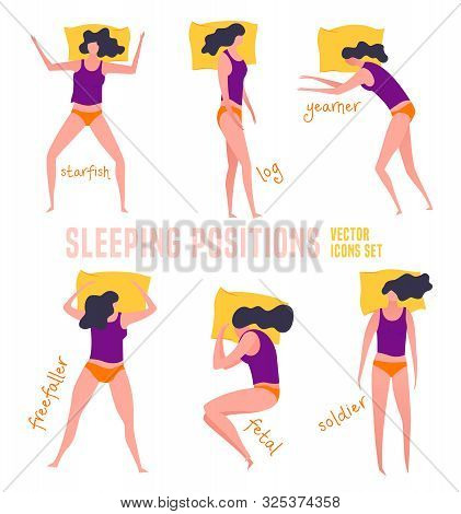 Different Sleeping Positions. Good Night Concept. Modern Icons In A Flat Style. Editable Vector Illu