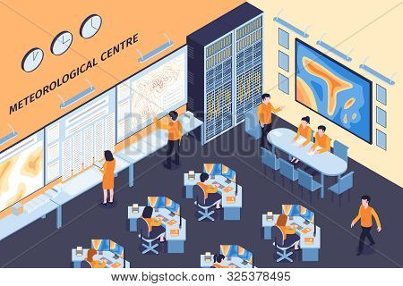 Isometric Meteorological Center Horizontal Composition With Indoor View Of Weather Central With Huma