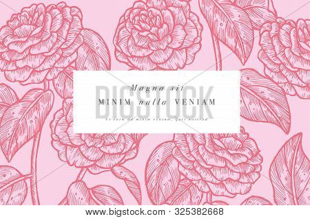 Vintage Card With Camelia Flowers. Floral Wreath. Flower Frame For Flowershop With Label Designs. Su