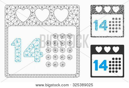 Mesh Valentine Love Day Model With Triangle Mosaic Icon. Wire Carcass Polygonal Mesh Of Valentine Lo