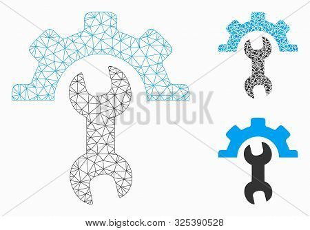 Mesh Service Tools Model With Triangle Mosaic Icon. Wire Frame Triangular Mesh Of Service Tools. Vec