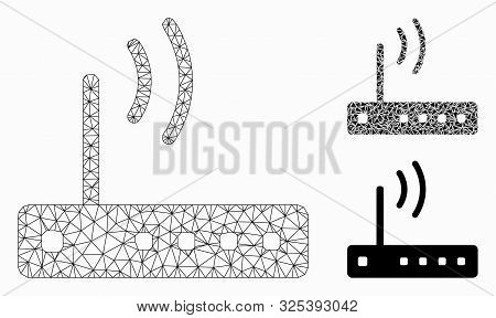 Mesh Wi-fi Modem Model With Triangle Mosaic Icon. Wire Frame Triangular Mesh Of Wi-fi Modem. Vector 