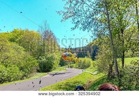 Oberbach, Wildflecken, Bavaria, Germany - April 30, 2019, Adac Rescue Helicopter Christoph 28 Starts