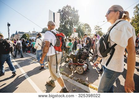Strasbourg, France - Sep 21, 2019: Silhouettes Of French Strasbourg People With Placards Take Part I
