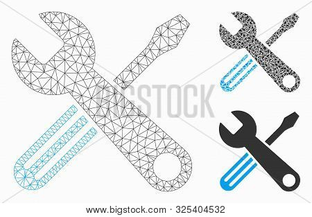 Mesh Tools Model With Triangle Mosaic Icon. Wire Frame Triangular Mesh Of Tools. Vector Collage Of T