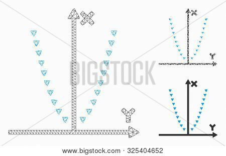 Mesh Dotted Parabola Plot Model With Triangle Mosaic Icon. Wire Carcass Polygonal Mesh Of Dotted Par