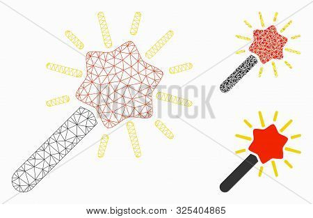 Mesh Wizard Wand Model With Triangle Mosaic Icon. Wire Frame Triangular Mesh Of Wizard Wand. Vector 