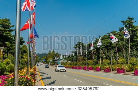 Cars Traveling On Street Of Flags